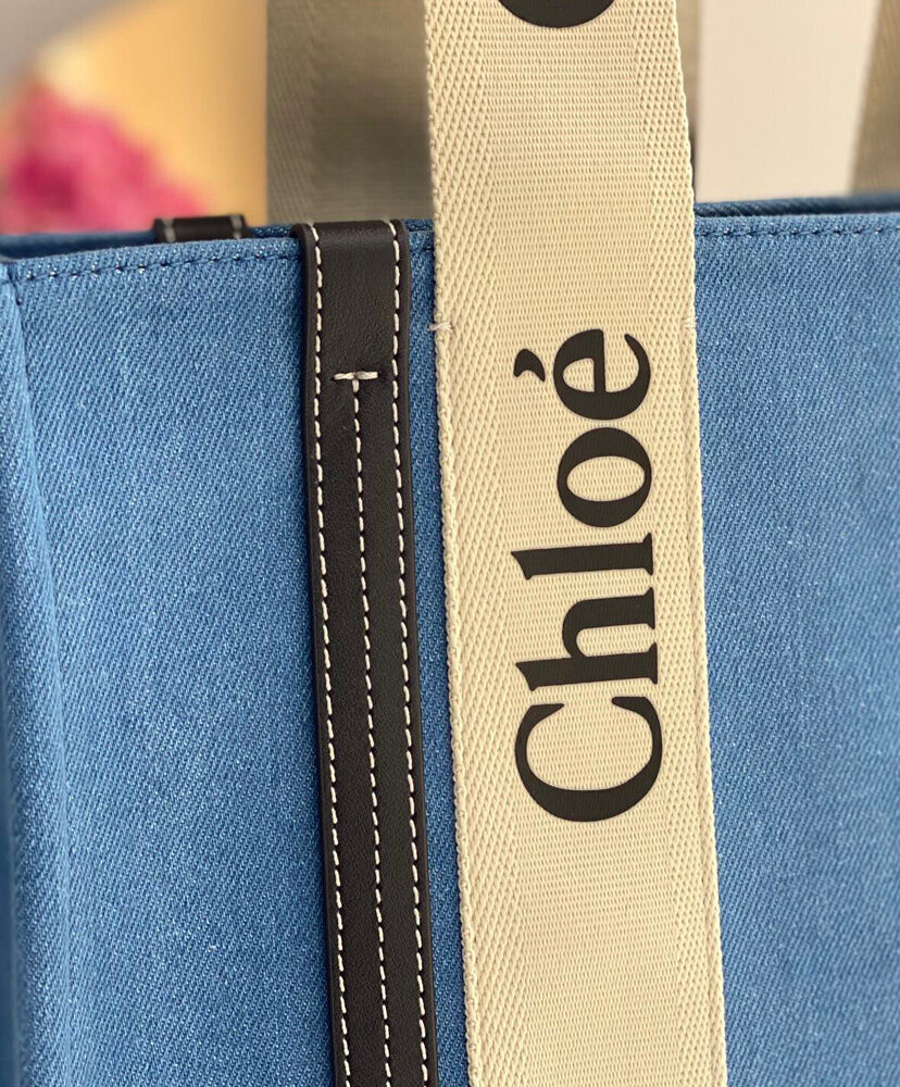 Chloe Medium Woody Tote Bag Canvas with Leather Blue